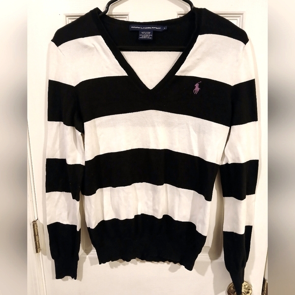 Vintage Ralph Lauren Sport Black And White Stripe Lightweight V Neck Sweater - Picture 1 of 11